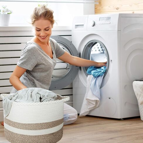 سلة تخزين كبيرة منسوجة لبطانيات غرفة المعيشة أو ألعاب الأطفال أو ملابس الغسيل أو مناشف الحمام - سلال من الحبال القطنية بمقابض مضفرة - صناديق تنظيم المنزل - مستديرة كبيرة جدًا مقاس 20 بوصة عمق × 13 بوصة ارتفاع in Kuwait