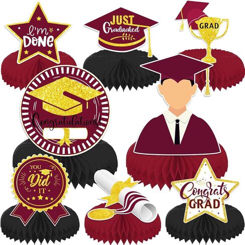 8 قطع كستنائي لتزيين طاولات حفلات التخرج فئة 2024 قطع مركزية للطاولات 2024، تهنئة قطعة مركزية على شكل قرص العسل لمستلزمات حفلات التخرج in Kuwait