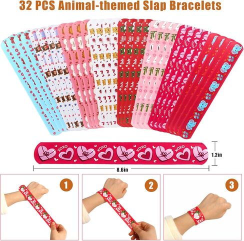 KIMOBER 32PCS Valentine's Day Slap Bracelets, Animal Slap Wristbands with 36PCS Valentine Day Cards for Kids Party Favors,Gift Bag Filler in Kuwait