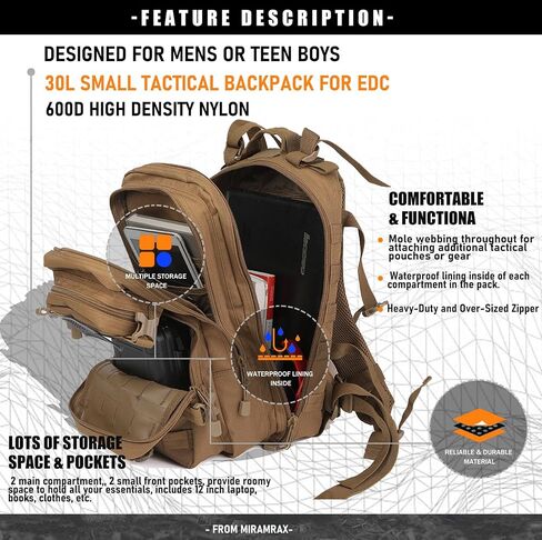 Miramrax Small Tactical Backpack Military Daypack - 30L Backpack for Men Molle Assault Pack Bug Out Bag for Hiking Camping (Grey) in Kuwait