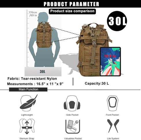 Miramrax Small Tactical Backpack Military Daypack - 30L Backpack for Men Molle Assault Pack Bug Out Bag for Hiking Camping (Grey) in Kuwait
