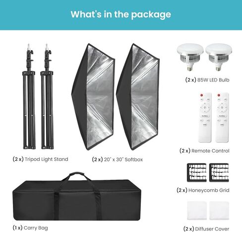 LimoStudio *ترقية* [2-Pack] 85W LED Bulb 20 "x30" Softbox Lighting Kit لعاكس ضوء استوديو الصور، ناشر شبكة بيضاء، التحكم في درجة حرارة اللون والسطوع مع جهاز التحكم عن بعد، AGG3367 in Kuwait