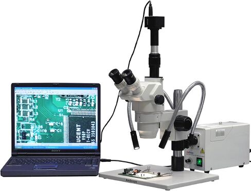AmScope ZM-1TW3-FOD-10M مجهر تكبير ستيريو ثلاثي العينيات رقمي احترافي، عدسات EW10x وEW25x، تكبير 2X-225X، هدف تكبير 0.67X-4.5X، ضوء ألياف ضوئية مزدوج الرقبة، حامل طاولة كبير على شكل عمود، 110 فولت- 240 فولت، يشمل 0.3x و2.0 in Saudi Arabia