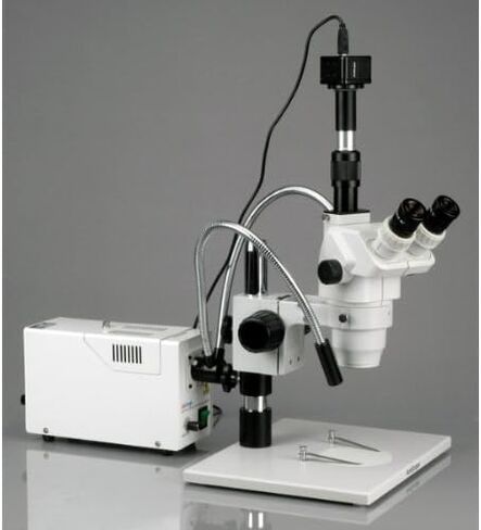 AmScope ZM-1TW3-FOD-10M مجهر تكبير ستيريو ثلاثي العينيات رقمي احترافي، عدسات EW10x وEW25x، تكبير 2X-225X، هدف تكبير 0.67X-4.5X، ضوء ألياف ضوئية مزدوج الرقبة، حامل طاولة كبير على شكل عمود، 110 فولت- 240 فولت، يشمل 0.3x و2.0 in Saudi Arabia