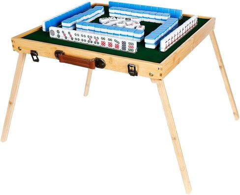 مجموعات ألعاب بلاط ماجونج المحمولة - طاولة ماجونج قابلة للطي مع مجموعة بلاط ماجيانج 144 قطعة للترفيه والتخييم الداخلي والخارجي in Kuwait