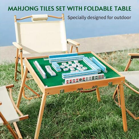 مجموعات ألعاب بلاط ماجونج المحمولة - طاولة ماجونج قابلة للطي مع مجموعة بلاط ماجيانج 144 قطعة للترفيه والتخييم الداخلي والخارجي in Kuwait