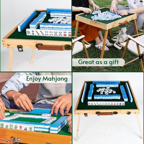 مجموعات ألعاب بلاط ماجونج المحمولة - طاولة ماجونج قابلة للطي مع مجموعة بلاط ماجيانج 144 قطعة للترفيه والتخييم الداخلي والخارجي in Kuwait