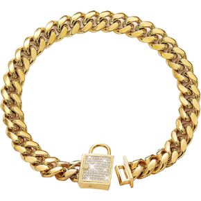 Gold Dog Collar with Zirconia Buckle Gold Metal Puppy Collar Cuban Link Chain Collar Bling Collar for Small Medium Large Dogs (14MM, 20")