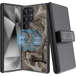 Nakedcellphone Holster Series for Samsung Galaxy S24 Ultra Case, Rugged Hybrid Phone Cover [Compatible with MagSafe, with Kickstand] and Belt Clip [with Secure Anchors] - Bush Camo