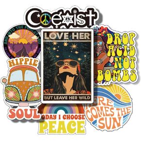 1step2dream 52Pcs Boho Hippie Stickers Inspired by 60s and 70s American Quotes, Music, Icons, and Symbols
