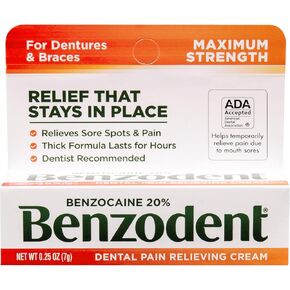 Benzodent Dental Pain Relieving Cream for Dentures and Braces, Topical Anesthetic, 0.25 Ounce Tube
