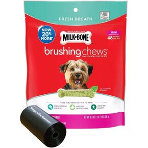 48 Mini Milk-Bone Fresh Breath Brushing Chews Daily Dental Dog Treats and Dogs Life Nation Waste Bag Bundle