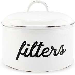 AuldHome Basket Coffee Filter Holder, White Enamel Filter Storage Container in Rustic Farmhouse Distressed Enamelware Design