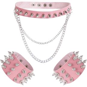 hoyuwak 3Pcs Punk Spike Choker Studded Bracelet Cuffs Set Goth Leather Metal Link Collar Rivet Wristbands Vampire 80s Rock Accessories for Men Women Halloween