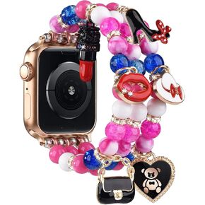 CAGOS Charm Bracelet Compatible with Apple Watch Bands Women, Pink Beaded Cute Kawaii Jewelry Dressy Stretchy Boho Straps for iWatch Bands 38mm 40mm 41mm 42mm 44mm 45mm Series 9 8 7 6 5 4 3 2 1 SE