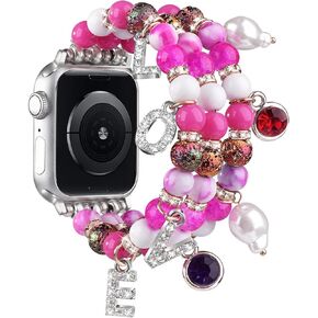CAGOS Charm Bracelet Compatible with Apple Watch Bands Women, Pink Beaded Cute Kawaii Jewelry Dressy Stretchy Boho Straps for iWatch Bands 38mm 40mm 41mm 42mm 44mm 45mm Series 9 8 7 6 5 4 3 2 1 SE
