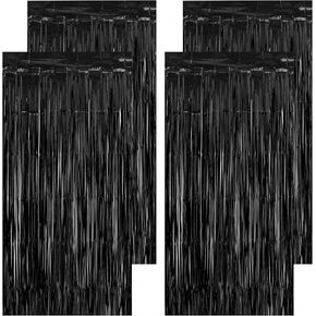 4 Pack Black Foil Fringe Curtain, Black Tinsel Backdrop, 3.3×6.6 FT Black Fringe Backdrop, Black Streamers Party Backdrop Decorations for Halloween Birthday Graduation Weedding Party Decoratios