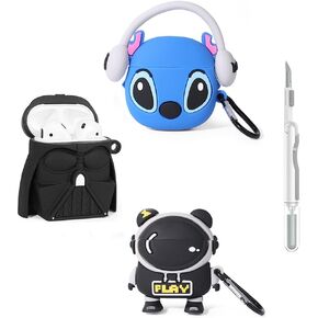(3Pack) Case for AirPods 2nd/1st Generation with Cleaning kit, XMBYGY Cute Skin Design Silicone Cartoon Charging Case Protective Covers with Keychain for AirPods 1/2 Earbuds (N+S+D)