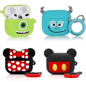 (4Pack) Case for AirPods 3rd Generation Earbuds (2022), XMBYGY Silicone Charging Case Protective Cover with Cute Cartoon Skin Design for AirPods 3, with Carabiner (CTMrQ+RDWN+Mario+Mushroom)