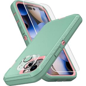 MXX Heavy Duty Made for iPhone 15 Case with Tempered Glass Screen, Camera Lens Protector 3-Layer Full Body Protection - Shockproof Dustproof Cover for Apple 15 Phone Case 6.1" (Gray/Light Pink)