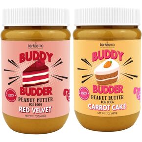 BUDDY BUDDER Red Velvet + Carrot Cake, 100% Natural Dog Peanut Butter, Healthy Dog Treat, Made in USA (Set of 2 / 17oz Jars)