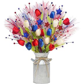 20in Patriotic Artificial Berry Stem Picks in Vase, Red White and Blue Flowers Branches with Tulips Stars Pampas 4th of July Centerpieces for Tables Independence Day Memorial Day Decorations