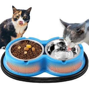 Dreyoo Heated Water Bowl for Outdoor Cats Stainless Steel Heated Cat Bowls Large Cat Food Warmer, Double Heated Pet Bowl for Feral Cat Feeding Station Provide Non Freezing Food and Water (Black)