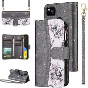 for Google Pixel 4a 4G Floral Wallet Case with Flip Zipper Purse Wrist Strap Shoulder Strap Luxury Glitter PU Leather Card Holder Stand Phone Cover for Pixel4a Pixle a4 5.8 2020 Women Rose Gold