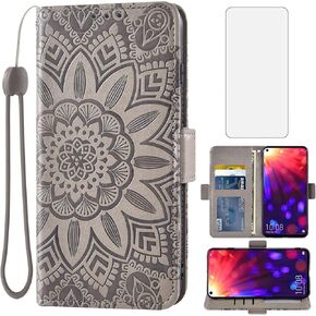 Asuwish Phone Case for Huawei Honor View 20/V20 with Tempered Glass Screen Protector and Flower Leather Wallet Flip Cover Credit Card Holder Stand Cell Accessories Hawaii View20 Boys Women Men Grey