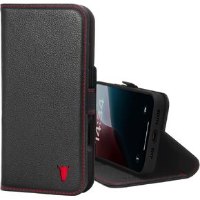 TORRO Premium Leather Case Compatible with iPhone 16 Plus 6.7" – Genuine Leather Wallet Flip Folio Case with Kickstand and Card Slots (Compatible with Official MagSafe Chargers) - Black with Red