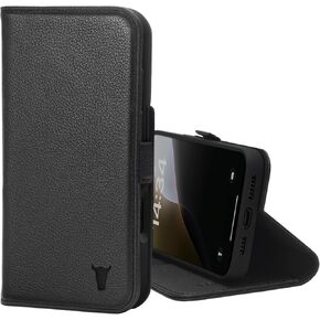 TORRO Premium Leather Case Compatible with iPhone 16 Plus 6.7" – Genuine Leather Wallet Flip Folio Case with Kickstand and Card Slots (Compatible with Official MagSafe Chargers) - Black with Red