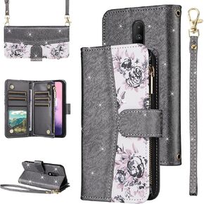 for OnePlus 7 6T Floral Wallet Case Flip Zipper Purse Wrist Strap Shoulder Strap, Card Holder Stand Phone Cover for OnePlus6T A6013 OnePlus7 GM1900 One Plus6T 1+ Plus7 1 Plus 1plus T6 Black