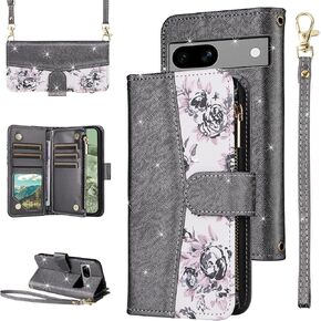 for Google Pixel 8A 5G Floral Wallet Case Flip Zipper Purse Wrist Strap Shoulder Strap, Luxury Glitter PU Leather Card Holder Stand Accessories Cell Phone Cover for Pixel8A A8 Women Rose Gold