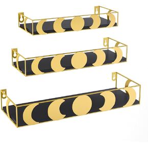 PHAREGE Brown and Black Floating Wall Shelves, Set of 3 Moon Phase Decorative Small Shelves for Bedroom Kid Room, Display Shelf for Crystal Collectibles Figurine
