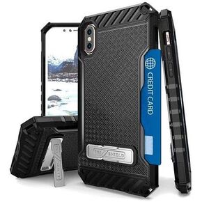 Military Grade Certified Cover Anti-Shock Hybrid Case w/Card Slot+Screen Protector Film+Stand Compatible with iPhone X/Xs - Black Over Black