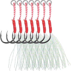 Jigging Assist Hooks with Bucktail Teaser Kit, 35pcs Assist Hooks Saltwater for Jigging Jigging Lures Hooks Slow Fast Fall Jigs Fishing Hook for Lead Vertical Jigging Lures