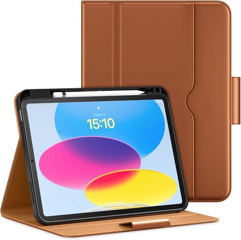 حافظة DTTO لجهاز iPad الجيل العاشر مقاس 10.9 بوصة 2022 مع حامل أقلام رصاص، غطاء ذكي بحامل من الجلد الفاخر، تنبيه/غفو تلقائي، مشبك مغناطيسي، زوايا متعددة، بني in Saudi Arabia