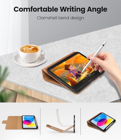 حافظة DTTO لجهاز iPad الجيل العاشر مقاس 10.9 بوصة 2022 مع حامل أقلام رصاص، غطاء ذكي بحامل من الجلد الفاخر، تنبيه/غفو تلقائي، مشبك مغناطيسي، زوايا متعددة، بني in Saudi Arabia