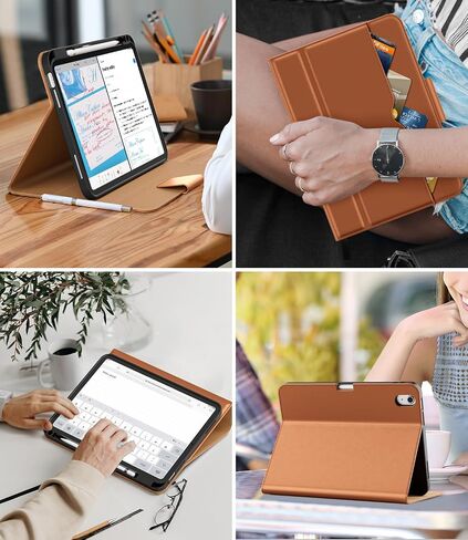 حافظة DTTO لجهاز iPad الجيل العاشر مقاس 10.9 بوصة 2022 مع حامل أقلام رصاص، غطاء ذكي بحامل من الجلد الفاخر، تنبيه/غفو تلقائي، مشبك مغناطيسي، زوايا متعددة، بني in Saudi Arabia