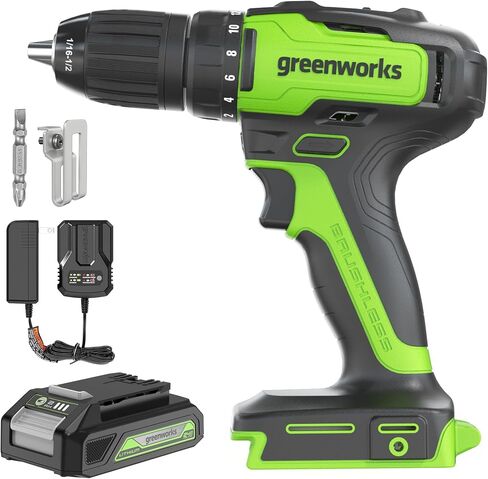 Greenworks 24V Brushless Cordless Compact 1/2 in. Drill/Driver Kit (Keyless Ratcheting Metal Chuck /530 in.-lbs. /21+1 Clutch Position/LED Light), 2×2Ah Battery and Fast Charger Included in Kuwait