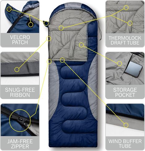 0 Degree Winter Sleeping Bags for Adults, Cold Weather Camping | Waterproof, Machine Washable, big n tall, Compression Sack, Anti-Snag Zipper, 4 Season Backpacking Hiking, Envelope w. Hoodie in Kuwait