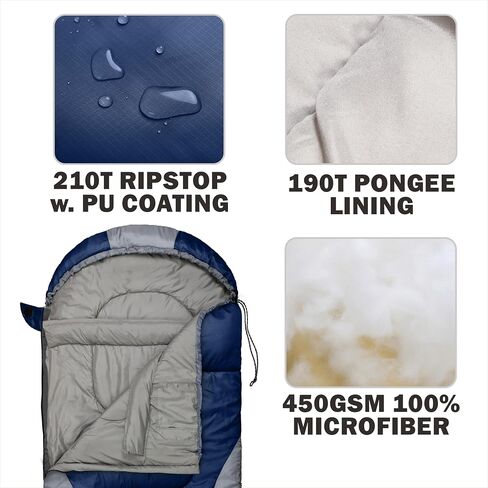 0 Degree Winter Sleeping Bags for Adults, Cold Weather Camping | Waterproof, Machine Washable, big n tall, Compression Sack, Anti-Snag Zipper, 4 Season Backpacking Hiking, Envelope w. Hoodie in Kuwait