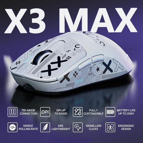 ATTACK SHARK X3MAX Esports Wireless Gaming Mouse,PixArt PAW3950 Gaming Sensor,Up to 42K DPI,100 Million Micro,49g Lightweight Tri-Mode(BT5.2/2.4Ghz/Wired) Mice with Coiled Cable-White in Saudi Arabia