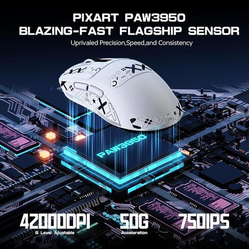 ATTACK SHARK X3MAX Esports Wireless Gaming Mouse,PixArt PAW3950 Gaming Sensor,Up to 42K DPI,100 Million Micro,49g Lightweight Tri-Mode(BT5.2/2.4Ghz/Wired) Mice with Coiled Cable-White in Saudi Arabia