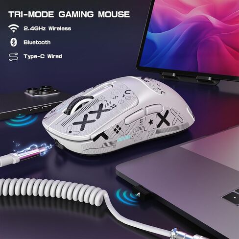 ATTACK SHARK X3MAX Esports Wireless Gaming Mouse,PixArt PAW3950 Gaming Sensor,Up to 42K DPI,100 Million Micro,49g Lightweight Tri-Mode(BT5.2/2.4Ghz/Wired) Mice with Coiled Cable-White in Saudi Arabia