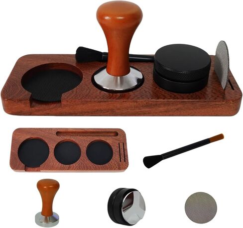 Espresso Machine Accessories,5pcs Espresso Tamper Kit,51mm Espresso Coffee Tamper Tools Set,Sapele Wood Espresso Tamping Station with Tamper,Double-headed Brush,Coffee Leveler and Puck Screen in Saudi Arabia