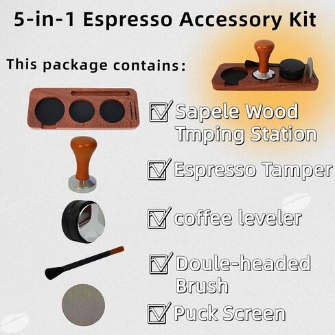 Espresso Machine Accessories,5pcs Espresso Tamper Kit,51mm Espresso Coffee Tamper Tools Set,Sapele Wood Espresso Tamping Station with Tamper,Double-headed Brush,Coffee Leveler and Puck Screen in Saudi Arabia