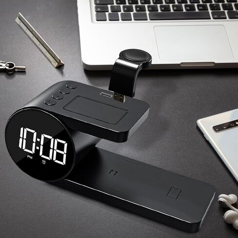محطة الشحن اللاسلكية Brookstone 4 في 1: أنيقة | متوافق مع سلسلة iPhone 15,14,13,12 Pro Max، وجميع سلاسل iWatch، متوافق مع Airpods 3,2 Pro| محطة شحن لاسلكية مع ساعة. in Kuwait