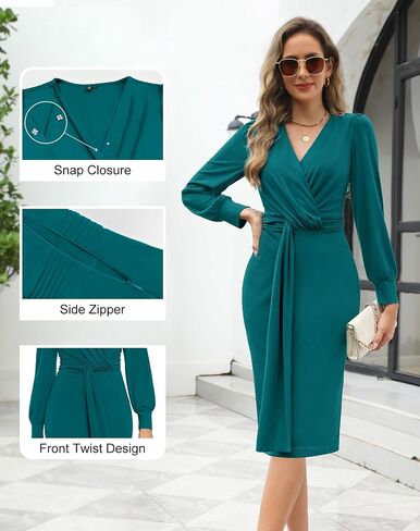 Zattcas Women 2024 Long Sleeve Fall Dress Faux Wrap Vneck Business Casual Work Teacher Church Knit Midi Dresses in Saudi Arabia
