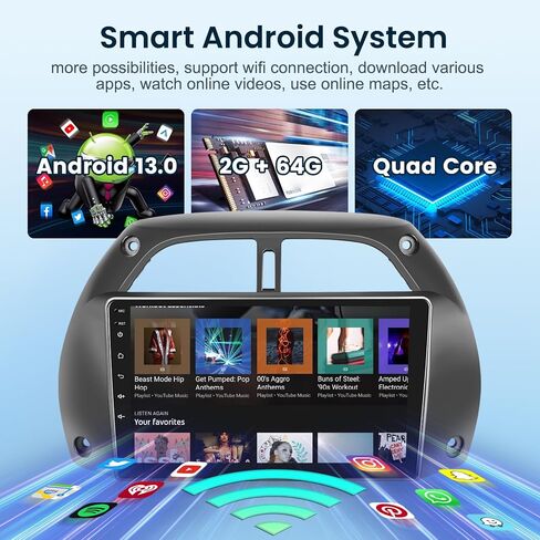 2G+64G لسيارة Toyota RAV4 2001-2006 ستيريو سيارة Android مع Carplay لاسلكي Android Auto، شاشة لمس 9 بوصة راديو سيارة بلوتوث يدعم نظام تحديد المواقع والملاحة WiFi HiFi Audio FM SWC USB + كاميرا احتياطية عالية الدقة in Saudi Arabia